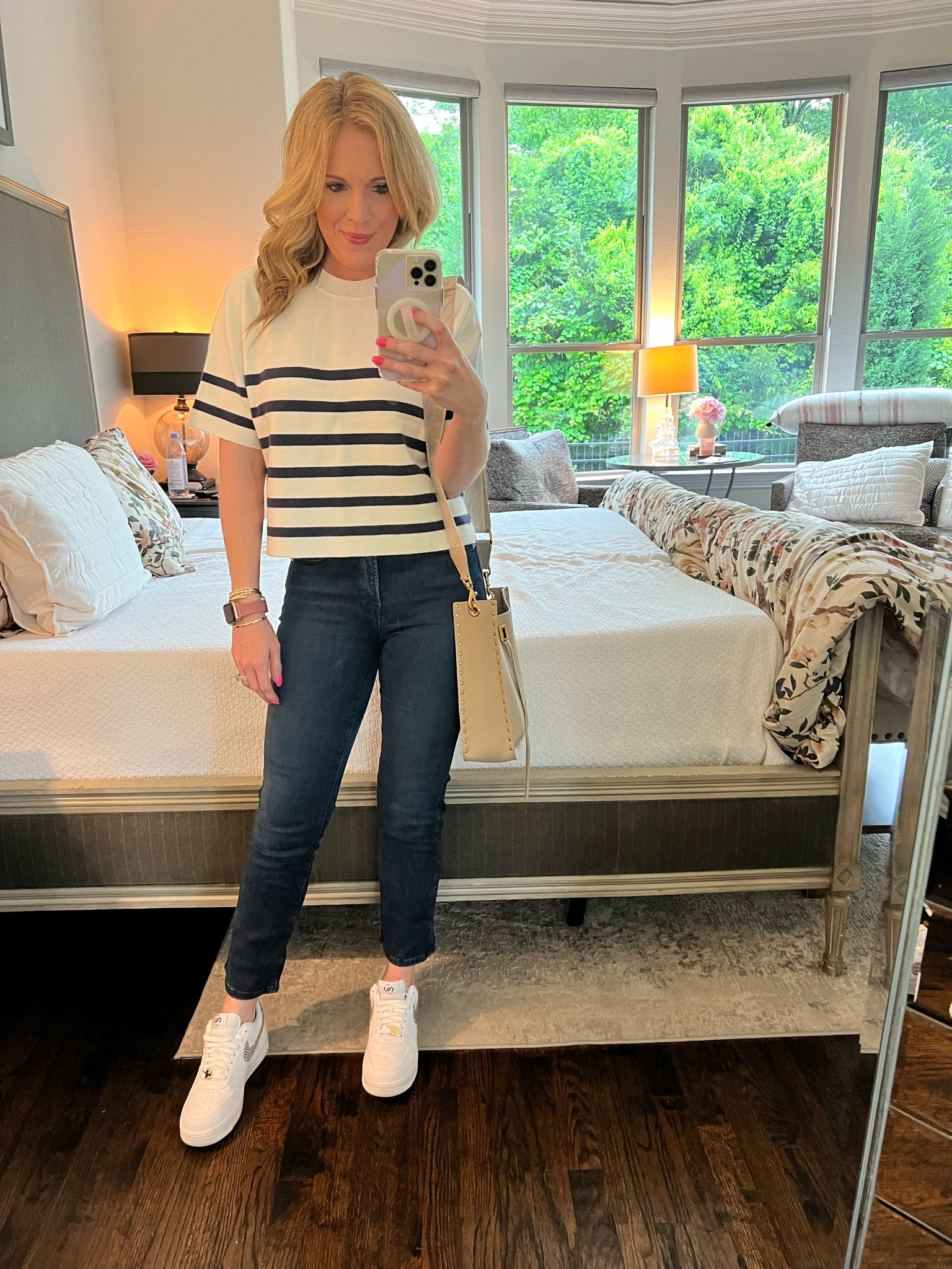 Casual spring look 
Casual summer look 
Cropped top
Navy and white striped top
Good American jeans 
Nike Air Force ones 
Nike white sneakers 
Rebecca minkoff bag 


#LTKSeasonal #LTKfindsunder50 #LTKfindsunder100