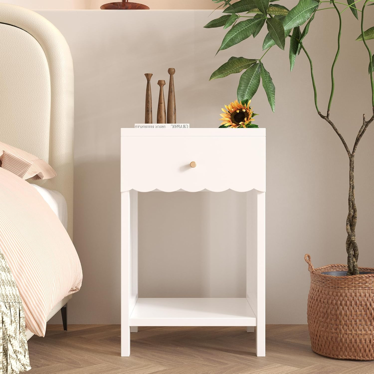 Night Stand Nightstand with Drawer and Open Shelf, Cute Scalloped Edge Bedside Table for Girls Be... | Amazon (US)