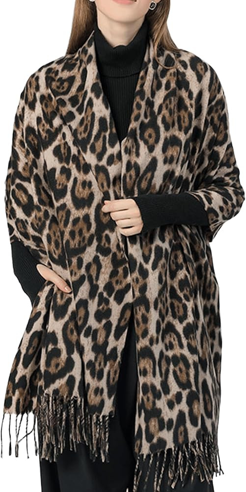 Women's Large Long Leopard-Print-Fringe Blanket-Scarf All Season Soft Warm Scarf Wrap Shawl Ladie... | Amazon (US)