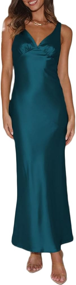 Womens Elegant Satin V Neck Backless Sleeveless Maxi Dress Silk Tie Low Back Formal Cocktail Dres... | Amazon (US)