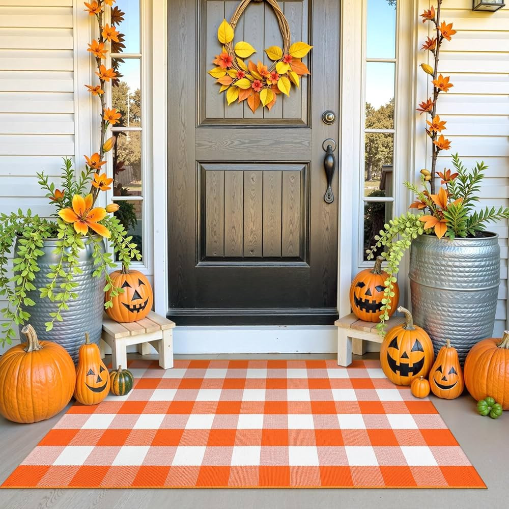 Collive 3x5 Buffalo Plaid Checkered Outdoor Rug, White and Orange Halloween Fall Decor Door Mat, ... | Amazon (US)