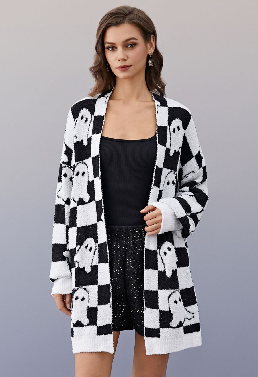 Checkered Ghosts Open Front Longline Knit Cardigan | Chicwish