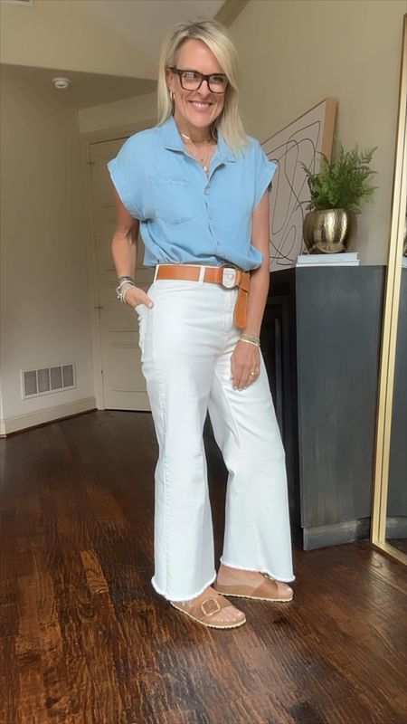 Outfits can be simple then leveled up through accessories! 

I’ve shared these Mango pants many times. I own in sand , white and a blue jean color. They are THAT good and only $69!!
Fit true to size. Wearing a 6

Shirt - linking 2 spots for this chambray shirt. Wearing small
Vici is 25% sitewide for a limited time. Code SHINE25 

Belt - this ADA collection belt! The leather is luxurious! And will only get better with time. 
Use code CINDY15 for 15% off!! 

Paired with Birkenstocks that match the color of the belt. Then layered three necklaces added earrings, etc..

#LTKstyletip #LTKfindsunder100 #LTKover40