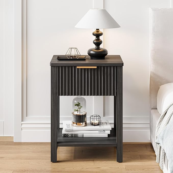 Fluted Nightstand with Drawer, Modern Beside Table with Open Shelf, Wood Black Night Stand, Large... | Amazon (US)