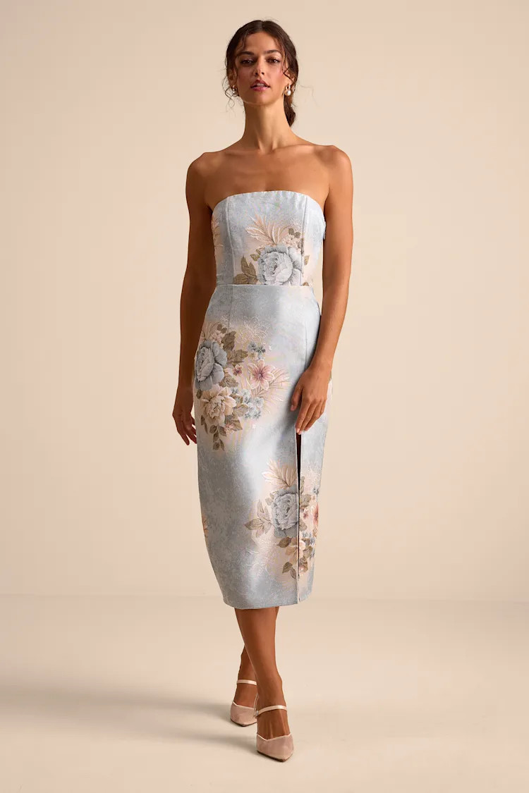 Hargrove Light Blue Floral Jacquard Strapless Midi Dress | Lulus