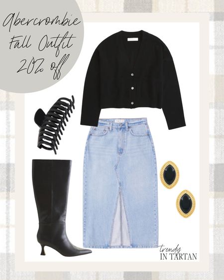 20% off Abercrombie fall outfit 

Cardigan, denim midi skirt, claw clip, knee high boots, gold and black earrings,
Black cardigan, stud earrings, black fall boots

#LTKmidsize #LTKSale #LTKSeasonal