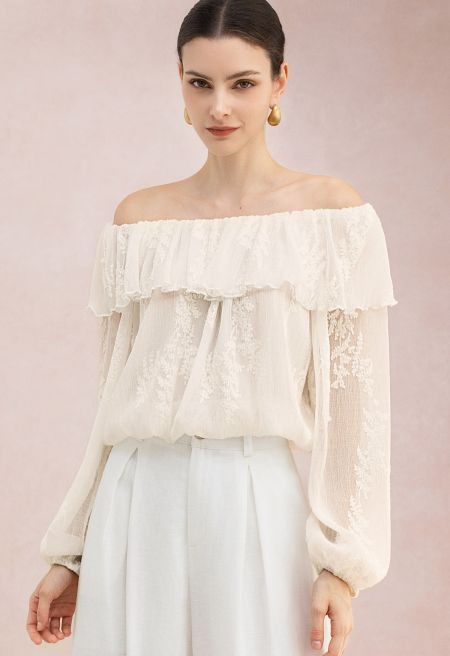 Embroidered Vine Off-Shoulder Puff Sleeve Crop Top in Cream for Romantic Getaways & Vacation | Chicwish