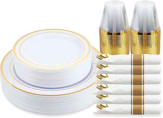 M MCIRCO 175 Piece Gold Dinnerware Set - 50 Plastic Plates, 25 Cups, 25 Pre Rolled Napkins with P... | Amazon (US)