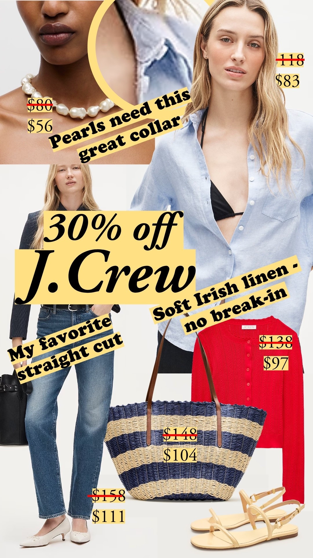 30% off J.Crew with code LOYALTY - log into your J.Crew loyalty account to get the discount (free to sign up). The Baird McNutt Irish linen shirt is so soft right off the rack – no need to break it in, and the collar is gorgeous. I’m layering mine over a white tee and pearls. The nipped jeans are my favorite straight cut, and I love these flat sandals – so clean and so comfortable. My feet are sensitive to rough inner seams. My top picks as we head into summer – all pieces I've broken down for construction quality that holds up. Sale ends April 27. #LTKSaleAlert, j crew sale, linen shirt, irish linen, straight leg jeans, straw tote, striped bag, baroque pearl necklace, red cardigan, strappy sandals, kitten heel, spring outfit, old money style, quiet luxury, summer wardrobe, coastal style, friends and family sale


#LTKootd