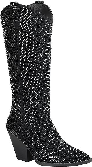 Forever Women Rhinestone Western Cowboy Pointed Toe Knee High Pull-on Boots | Amazon (US)