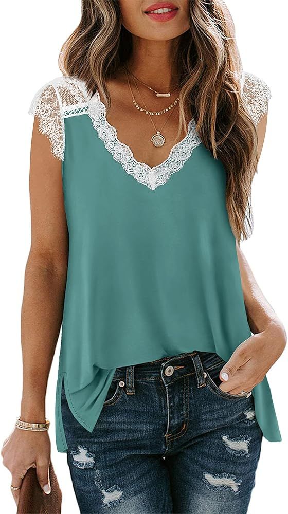 XIEERDUO Women's V Neck Lace Tank Tops Summer Casual Sleeveless Shirts Side Split | Amazon (US)