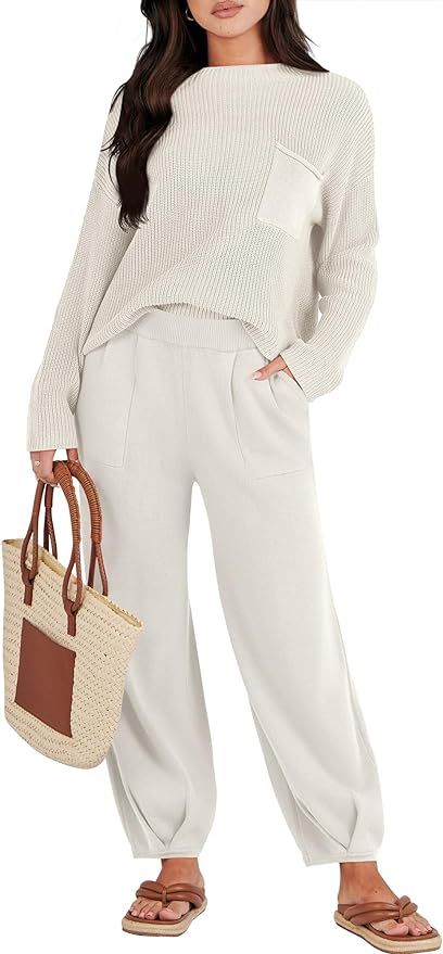 Caracilia Womens 2 Piece Outfits Sweater Sets Long Sleeve Knit Tops and Loose Pants Classy Matchi... | Amazon (US)