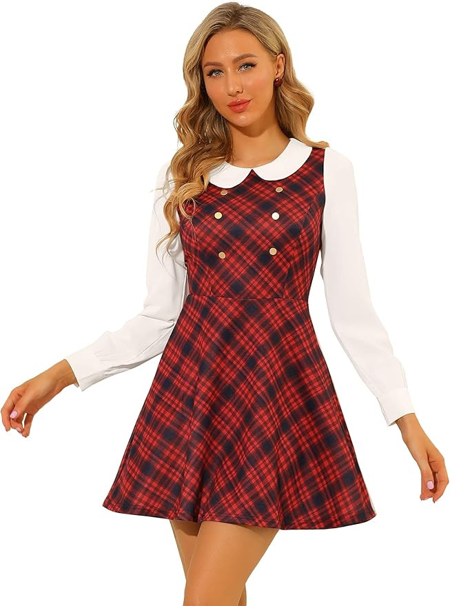 Allegra K Women's Peter Pan Collar Contrast Color Button Decor A-Line Christmas Plaid Mini Dress | Amazon (US)