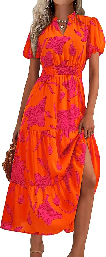 MASCOMODA Summer Maxi Dresses for Women 2025 Casual V Neck Puff Short Sleeve Smocked Flowy Beach ... | Amazon (US)