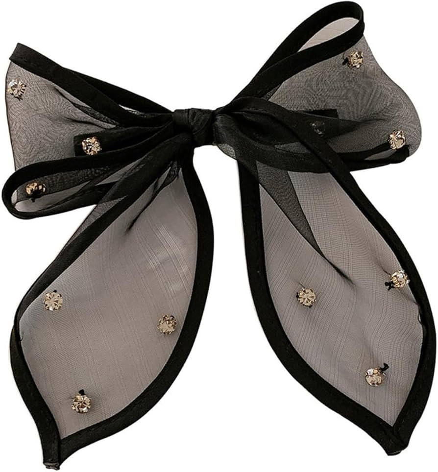 1Pcs Black Mesh Tulle Rhinestone Hair Bow Clip with Long Tail for Girls Women Hair Bow pins Barre... | Amazon (US)