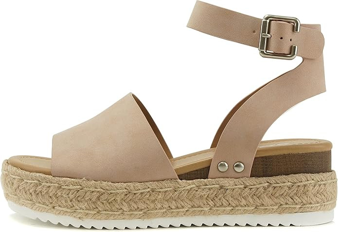 Soda Topic Open Toe Buckle Ankle Strap Espadrilles Flatform Wedge Casual Sandal | Amazon (US)