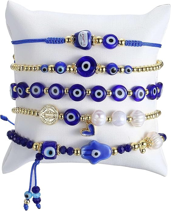 18K Gold Plated Evil Eye Bracelet Set, 5-Piece Adjustable Stack Beaded Jewelry with Hamsa Hand & ... | Amazon (US)