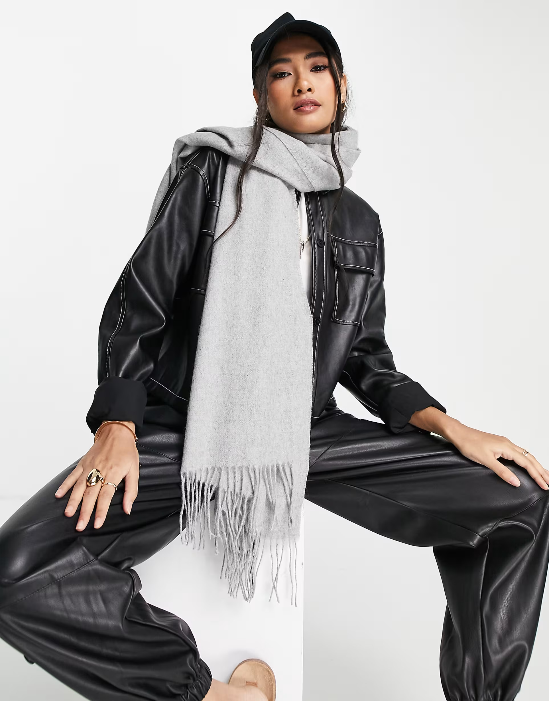 ASOS DESIGN oversized wool-blend scarf with tassels in gray | ASOS (Global)