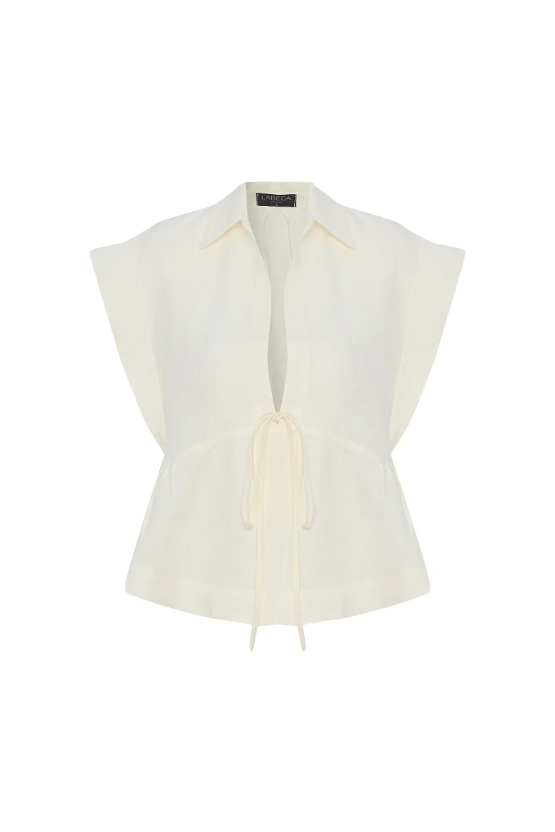 GALIA ECRU LINEN TIE SHORT SLEEVE SHIRT | Labeca | CULT MIA | CULT MIA UK LTD