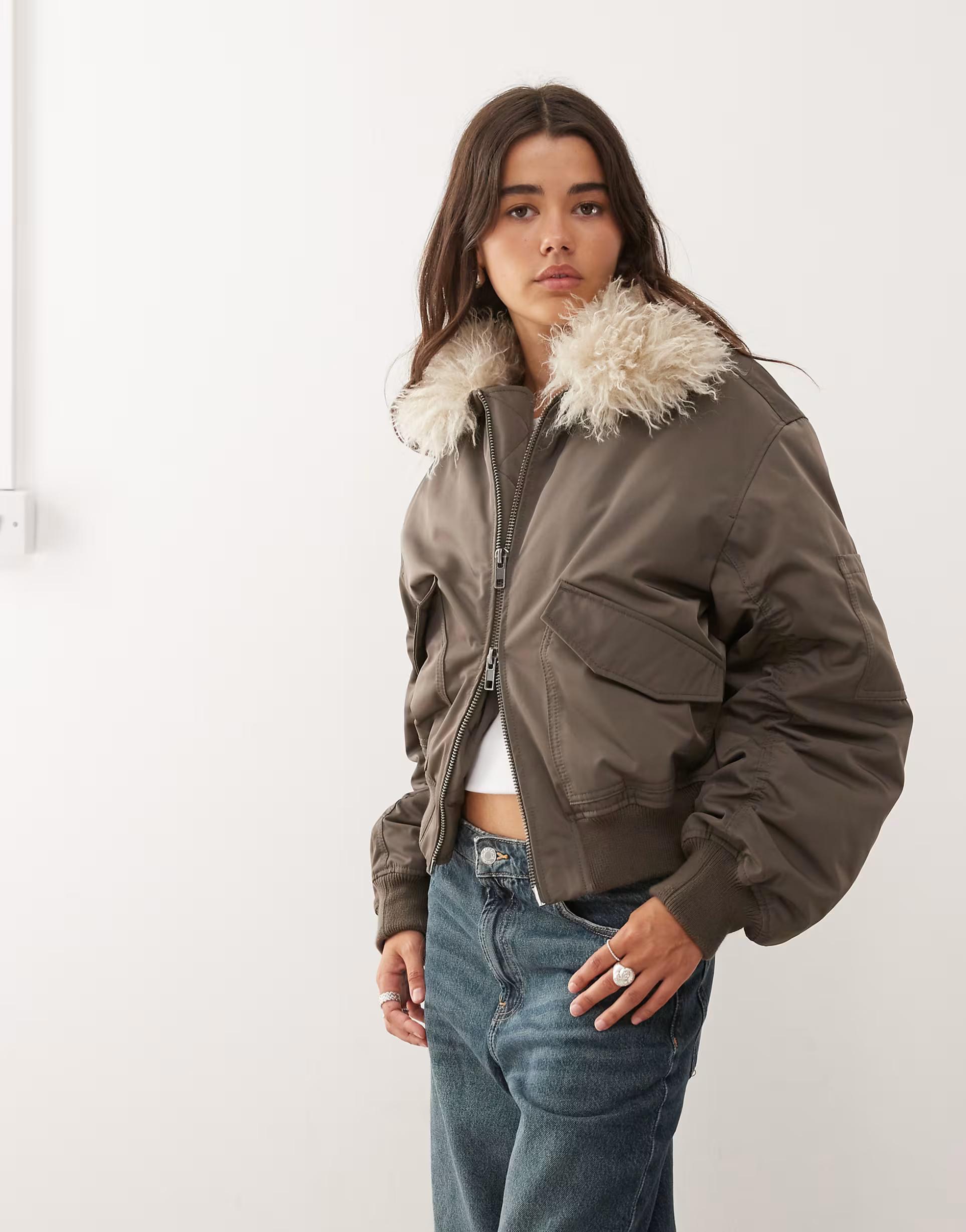 Weekday bomber jacket with faux fur collar in mole - exclusive to ASOS | ASOS | ASOS (Global)