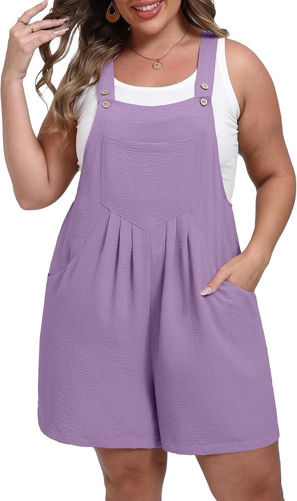 OLRIK Plus Size Rompers for Women - 2026 Adjustable Short Overalls Loose Wide Leg Jumpsuit with P... | Amazon (US)