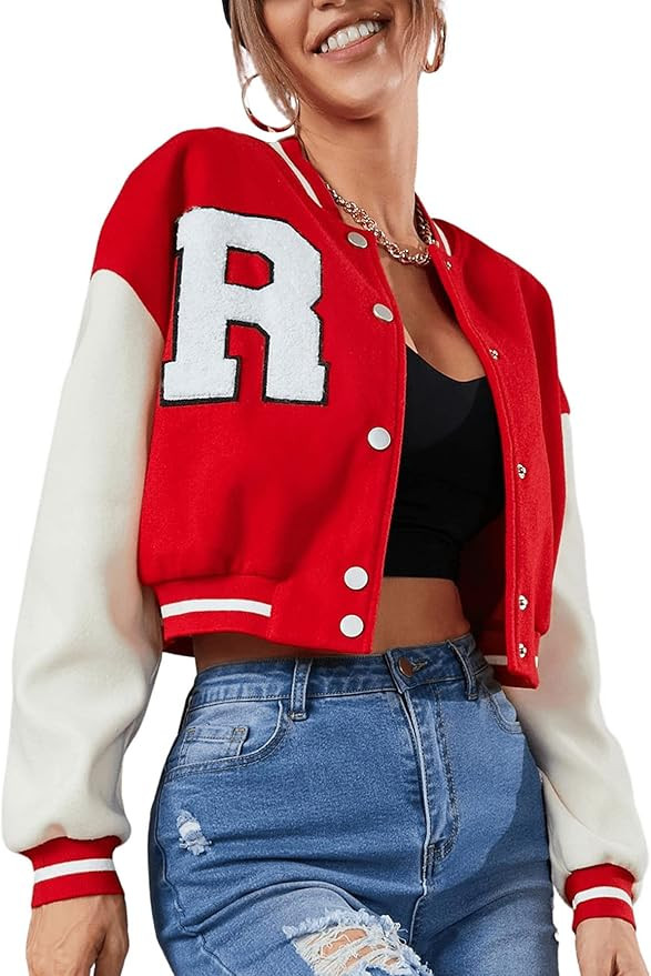 Verdusa Women's Letter Print Single Breasted Long Sleeve Colorblock Bomber Jacket | Amazon (US)