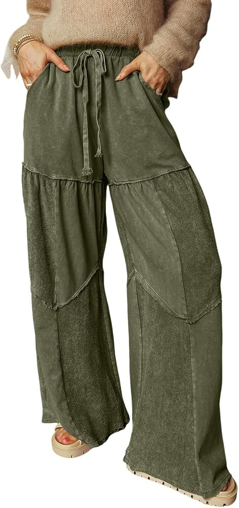 High Waist Pants for Women Wide Leg Wash Tiered Patchwork Pockets Trousers | Amazon (US)