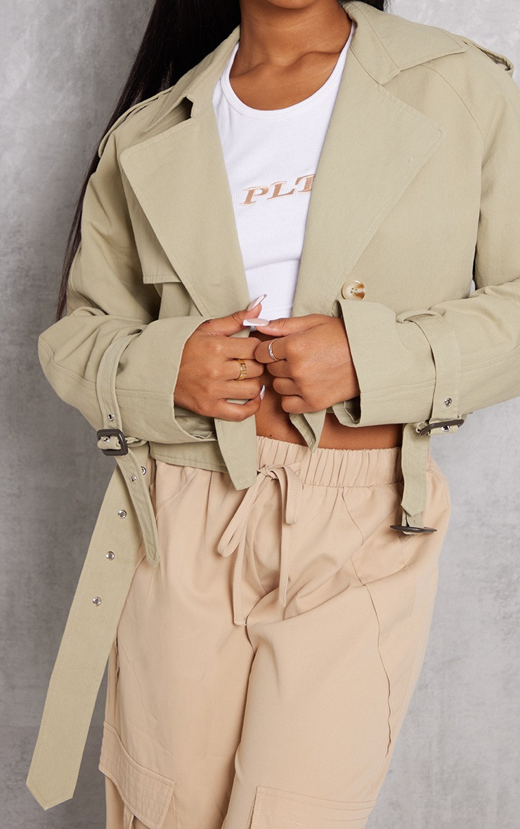 Light Khaki Cropped Belted Hem Trench Coat | PrettyLittleThing UK