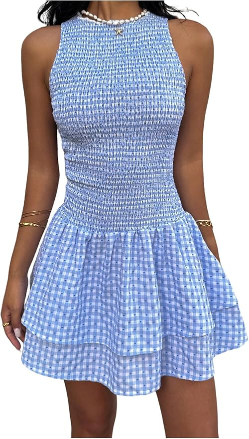 GORGLITTER Women's Gingham Mini Dress Cute Tiered Ruffle Hem Smocked Plaid A Line Vacation Short ... | Amazon (US)