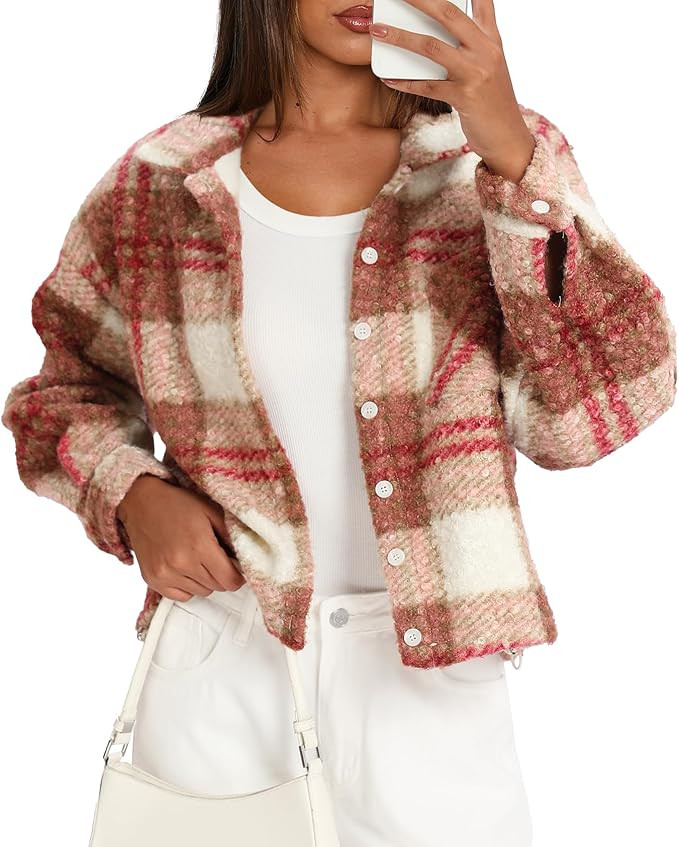 Darong Women's Cropped Fuzzy Fleece Jacket Button Down Plaid Leopard Jackets 2025 Fall Winter Sof... | Amazon (US)