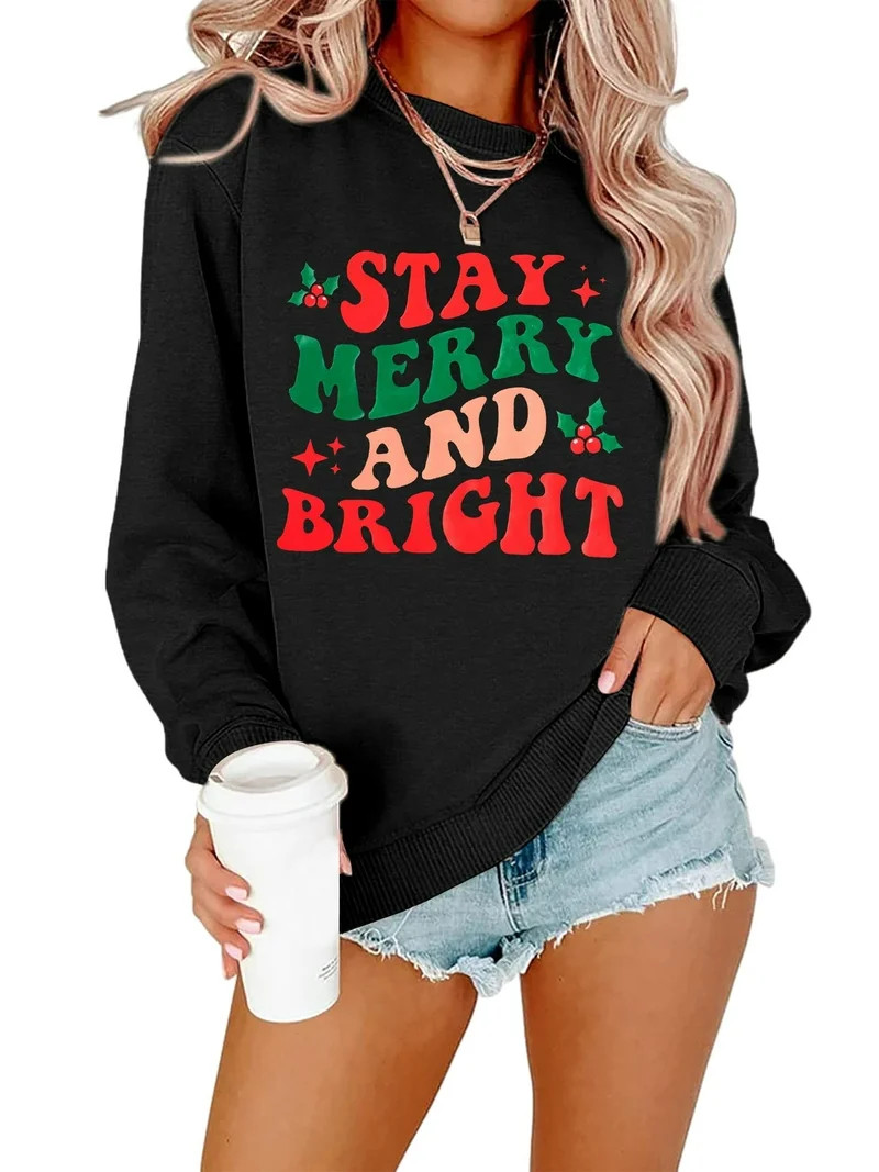ALLTB Merry and Bright Sweatshirt Women Merry Christmas Letter Print Long Sleeve Sweater Xmas Cre... | Walmart (US)