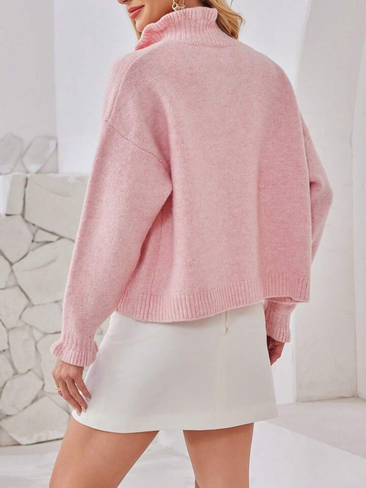 INAWLY Nieuwe damescardigan - roze trui met geplooide kraag | SHEIN