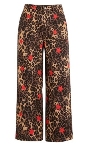 AIWUFLY Womens Y2k Wide Leg Jean Vintage Loose Fit High Waist Loose Straight Denim Pants Leopard Small | Amazon (US)