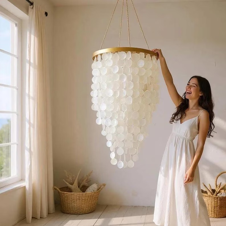 Capiz Shell Chandelier: Handmade Pendant Light With Gold Strip - Etsy | Etsy (US)