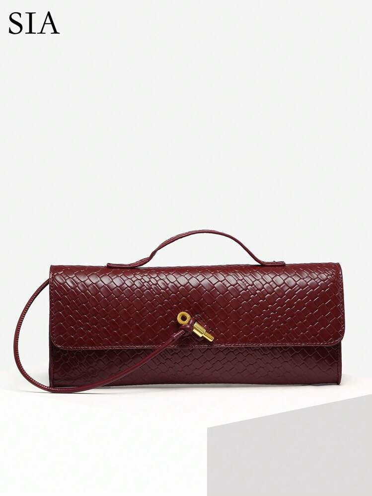SIA Women Vintage Minimalist Faux Woven Texture Angola Red Retro Flap Lock Large Capacity Clutch ... | SHEIN