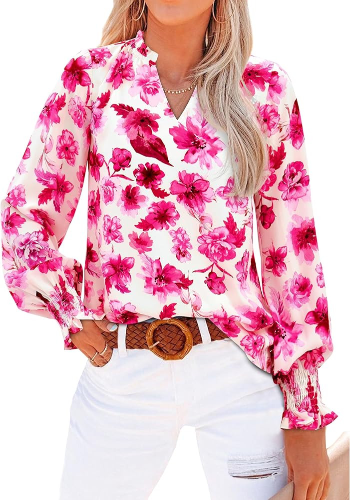 MASCOMODA Womens V Neck Floral Long Sleeve Tops 2026 Summer Casual Loose Puff Sleeve Chiffon Boho... | Amazon (US)
