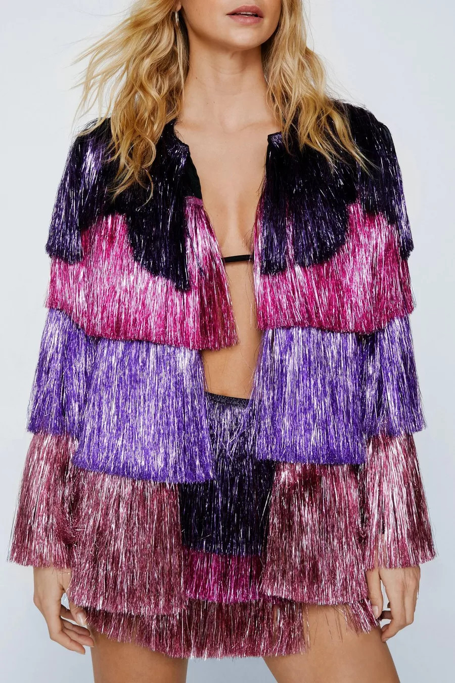 Metallic Tiered Tinsel Fringe Open Front Jacket | Nasty Gal US