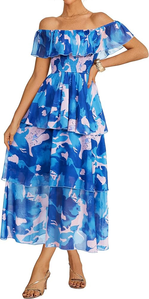Simplee Womens Floral Wedding Guest Dress Spring Summer 2026 Chiffon Boho Off Shoulder Smocked Ti... | Amazon (US)