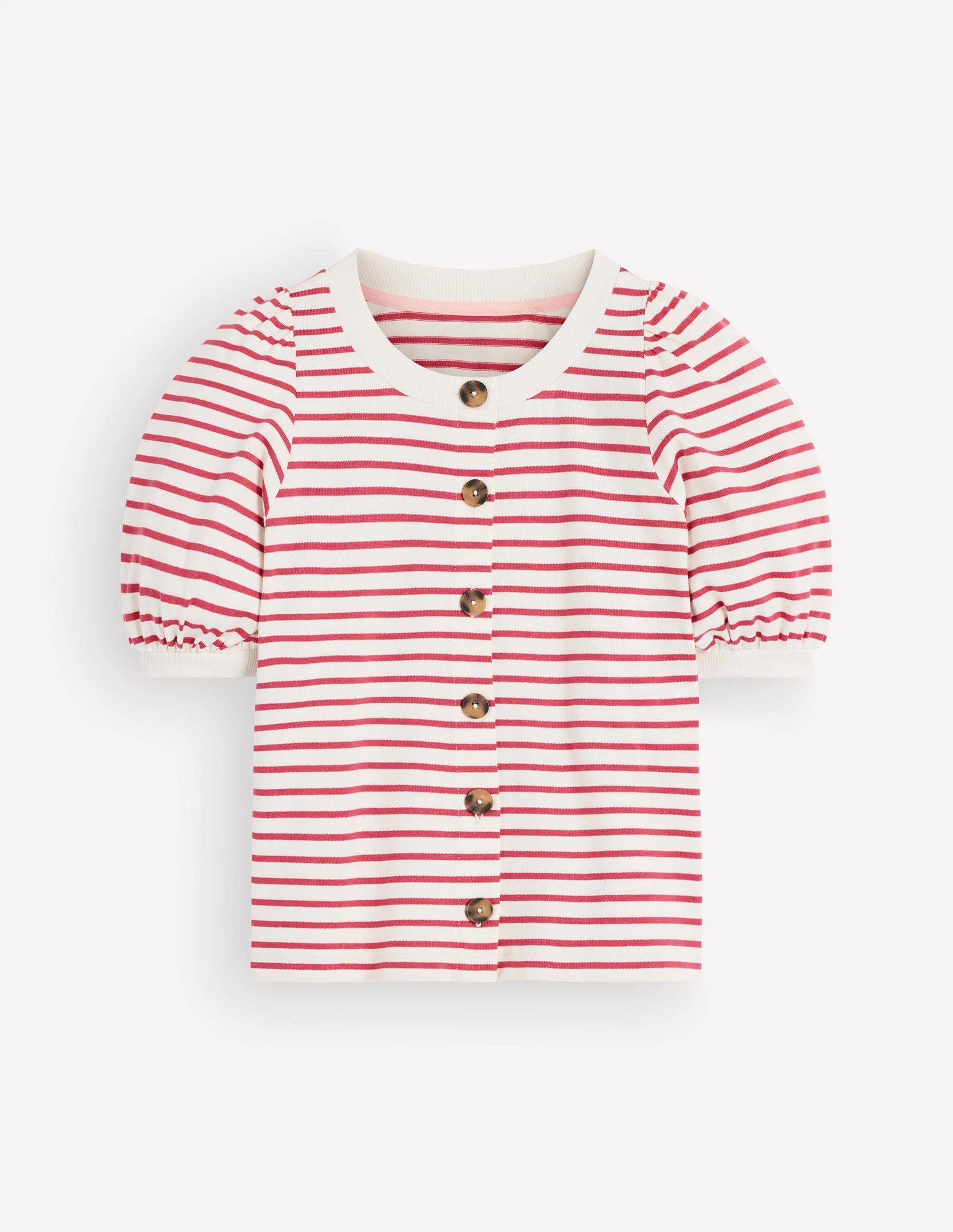 Button-through Full Sleeve Top-Ivory and Hollyberry Stripe | Boden UK