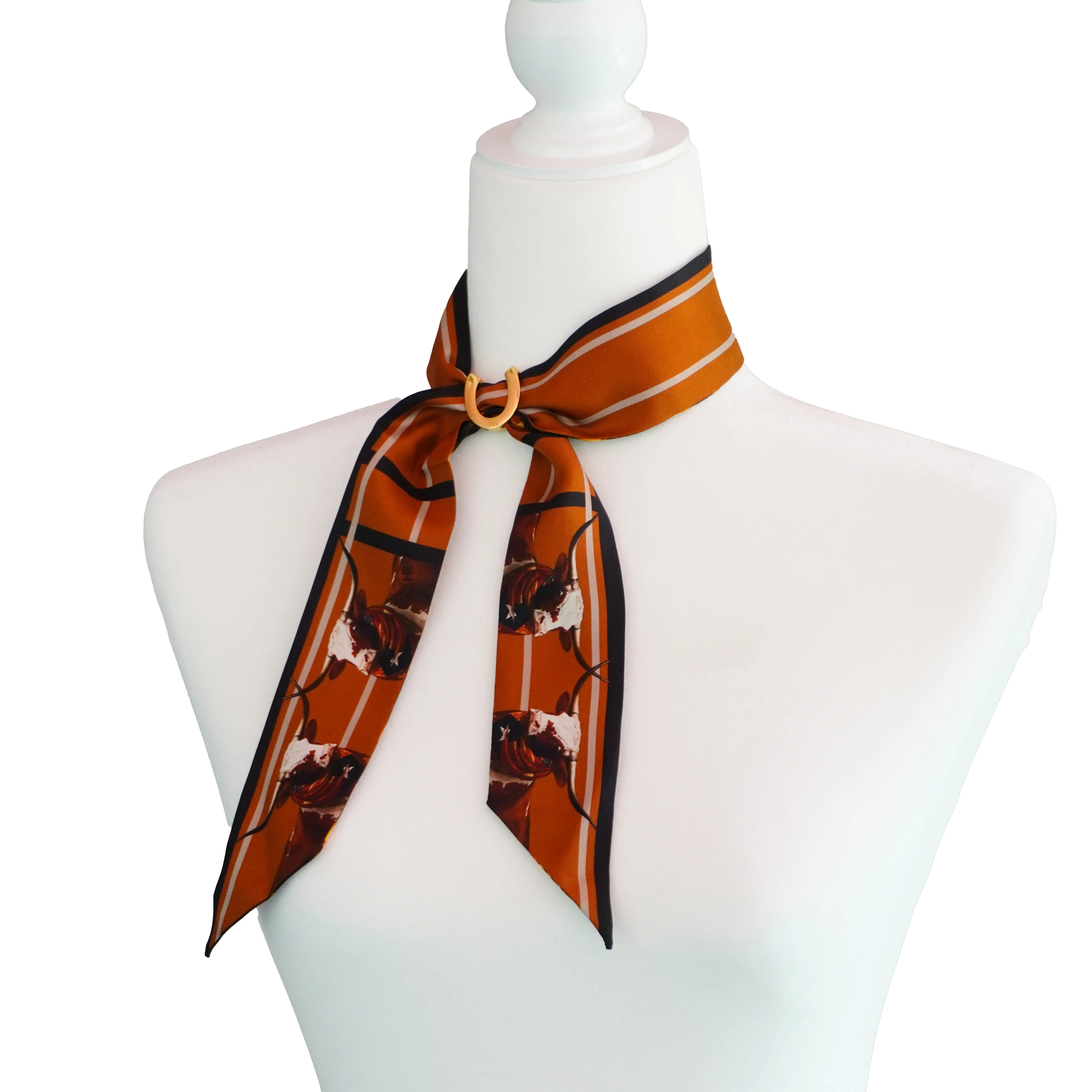 Silk Twill Scarf and Gold Scarf Ring Texas Longhorns | Hampton Road Designs, LLC