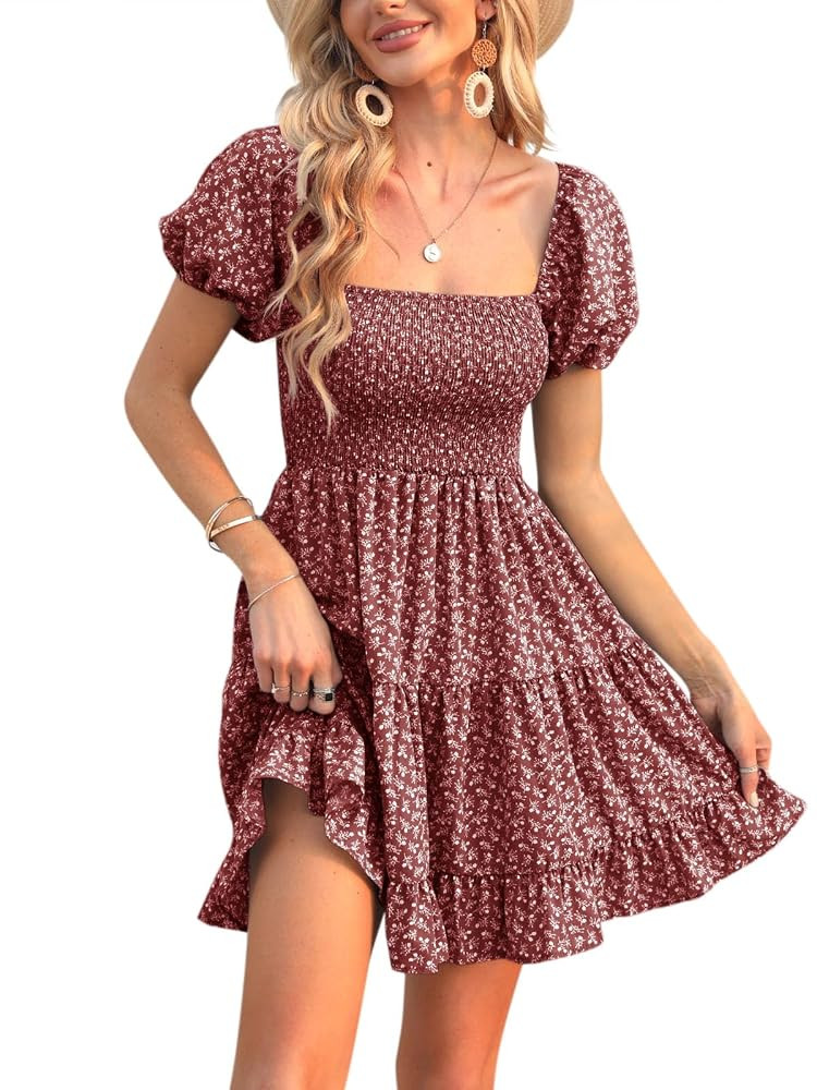 Veatzaer Women's Puff Sleeve Square Neck Smocked Babydoll Dress Boho Floral Print Off Shoulder Ru... | Amazon (US)