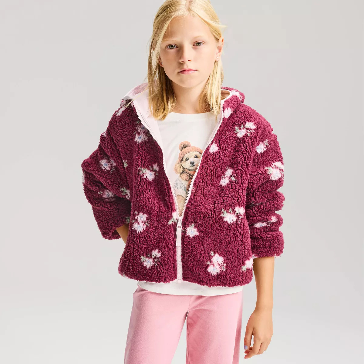 Girls' Floral Faux Shearling Jacket - Cat & Jack\u2122 Burgundy/Pink XS | Target