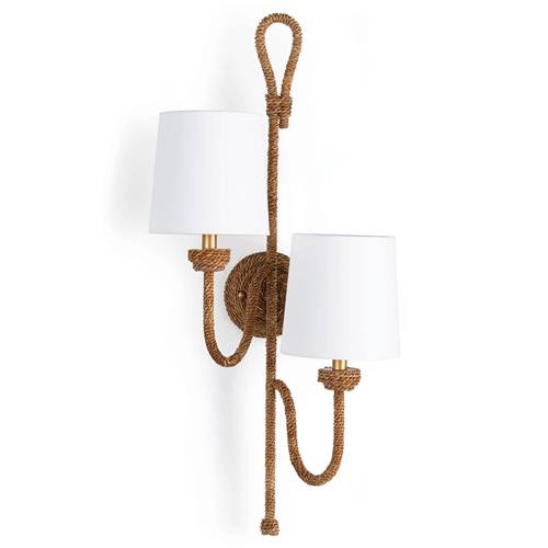 Regina Andrew Bimini Coastal Brown Rattan White Linen Shade Double Armed Sconce | Kathy Kuo Home