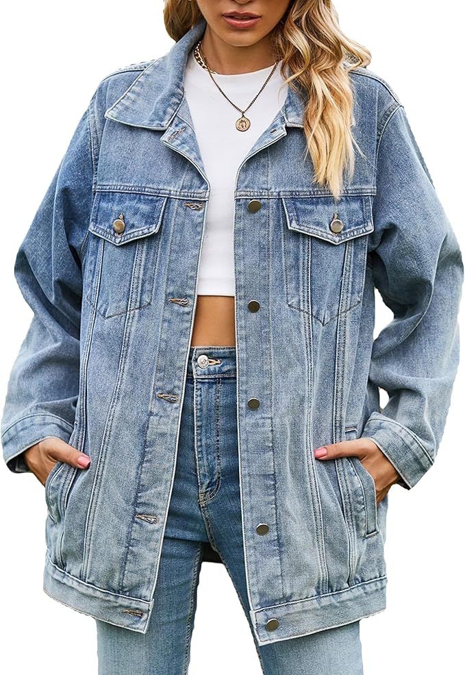 hathne Jean Jacket Women Oversized Casual Distressed Denim Jacket Button Down Long Sleeve Shirt C... | Amazon (US)