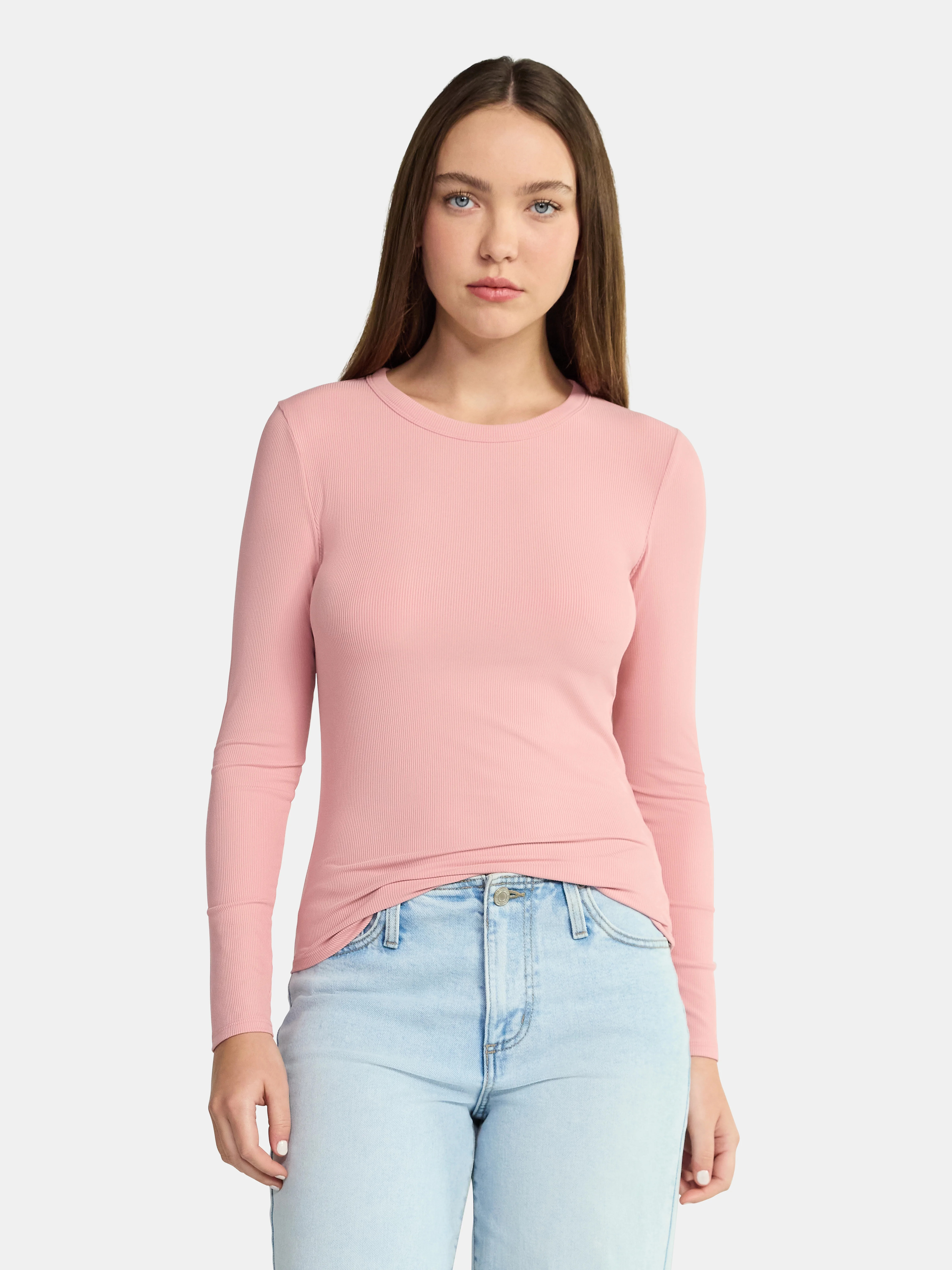 No Boundaries Crew Ribbed Tee with Long Sleeves, Women's | Walmart (US)
