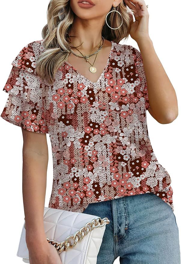Bofell Womens Tops Dressy Casual Ruffle Sleeve V Neck Summer Shirts and Blouses | Amazon (US)