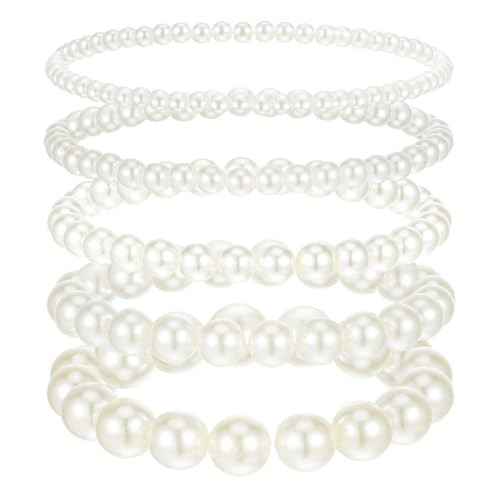 5Pcs Stackable Pearl Bracelet Stack, Stretch Faux Pearl Bracelets for Women, Dainty Bridesmaid Bracelet Set, Layered Simulated Pearl Bangle for Brides Wedding Party Jewelry Gifts (Beige) | Amazon (US)