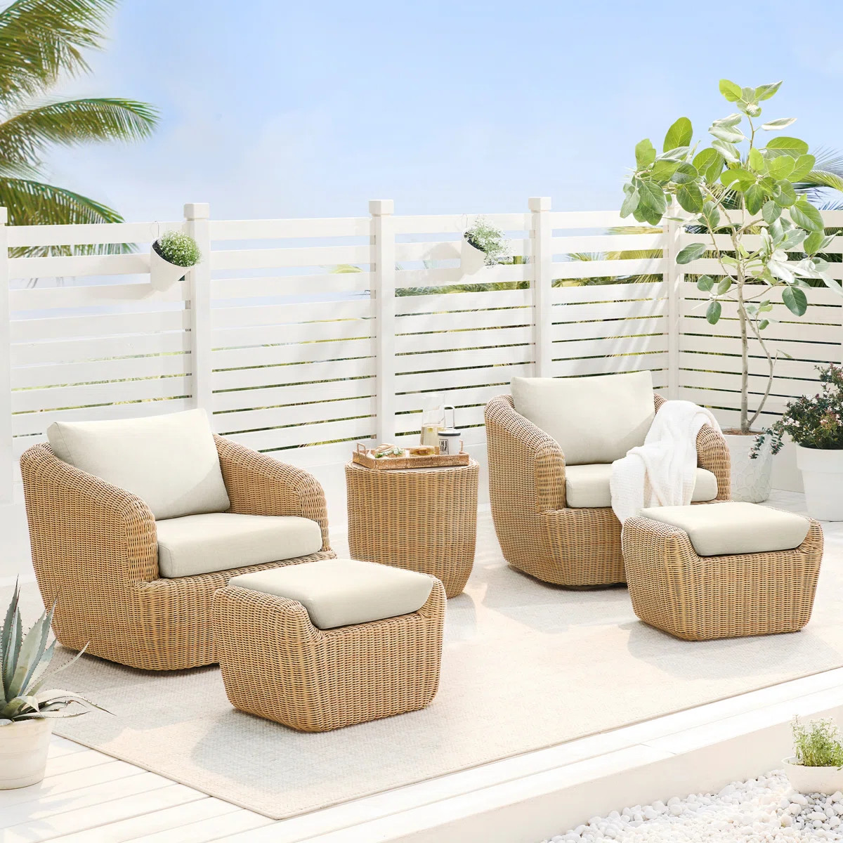 Cambelle 2-Person Outdoor Swivel Rattan Seating Group with Ottomans | Wayfair North America