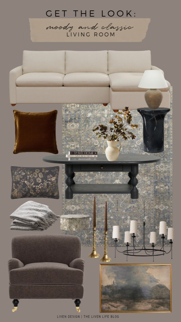 Moody and classic living room. Home decor. Sectional. Sofa. Velvet accent chair. Armchair. Black coffee table. Ceramic lamp. Side table. End table. Marble accent table. Chandelier. Chris loves Julia loloi rug. Traditional rug. Throw pillows. Velvet pillow. Candlesticks. Decorative box. Coffee table decor. Ceramic vase. Throw blanket. 

 #LTKSeasonal #LTKSaleAlert #LTKHome