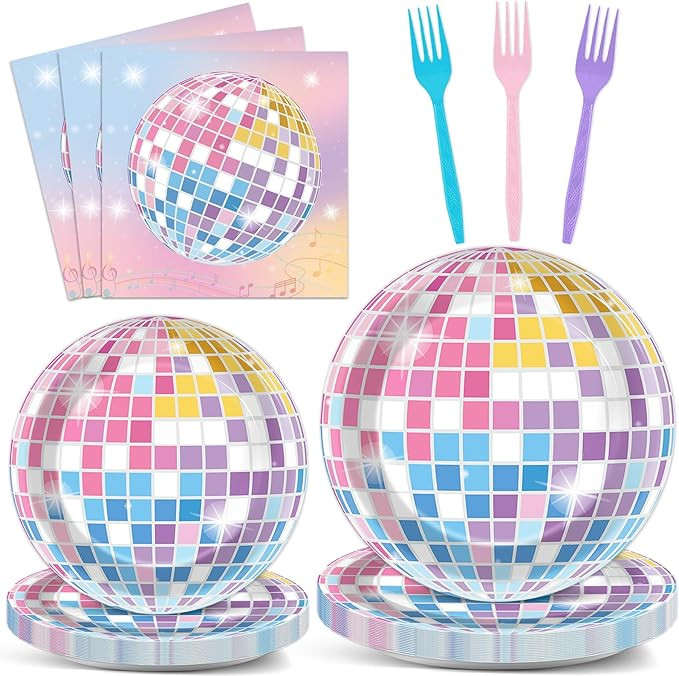 96Pcs Singer Plates and Napkins Disco Ball Party Decorations Colorful Disco Ball Dessert Plates M... | Amazon (US)